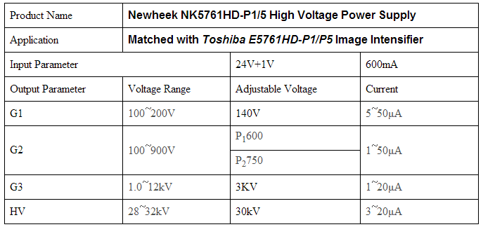 NK5761HD-P1/5 Matched with Toshiba E5761HD-P1/5/9 Image Intensifier specification 